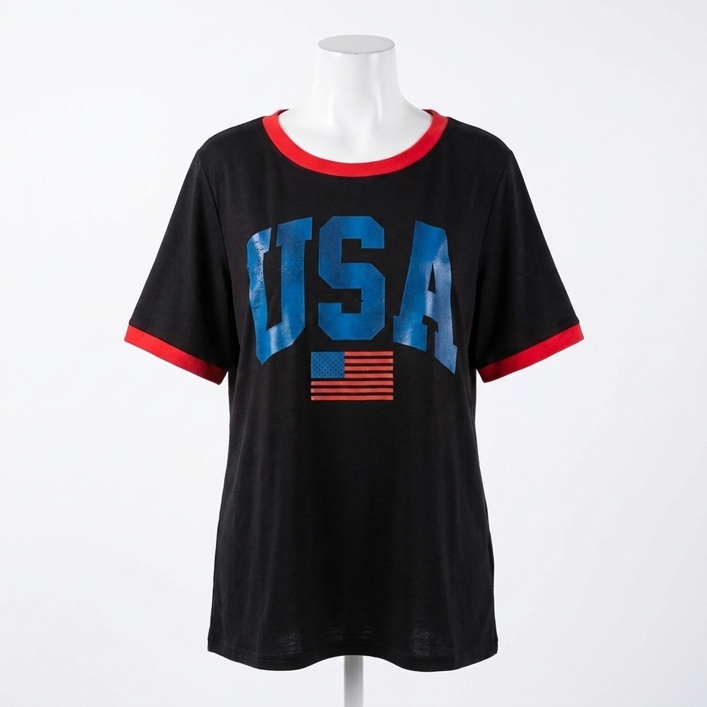NEW HEIMISH USA americana patriotic flag theme usa short sleeve top in black